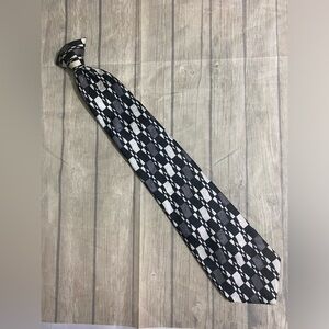 Mens Clip On 19” Long Neck Tie Black Silver Ivory Geometrical Squares Suit Tie